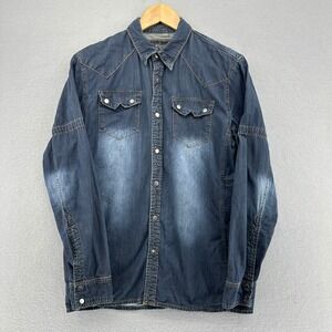 Y2K Carreli Jeans Denim Western‎ Shirt Long Sleeve Snap Button Blue SZ L